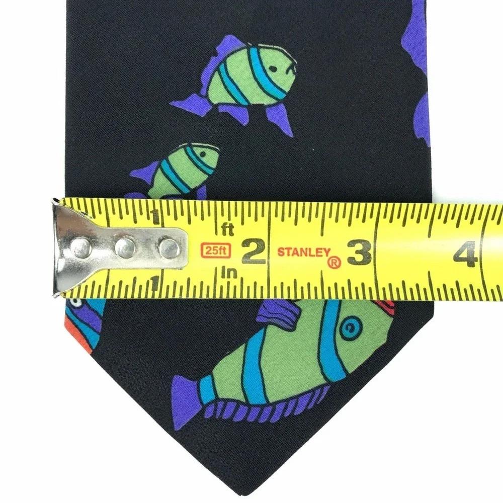 Handmade Black Colorful Fish Tie Sea Animal Art Artistic Men's Necktie 3.5 x 55